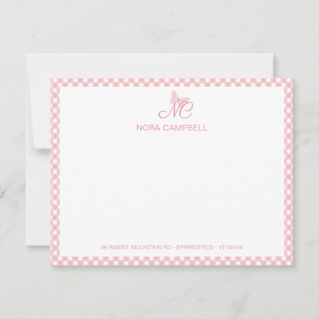 Girly Monogram Name Peach Pink Gingham Border Card (Front)