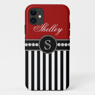 Girly Monogram Name Red Black Stripes iPhone 11 Case