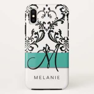Girly Monogram Name Turquoise Black White Damask iPhone XS Case