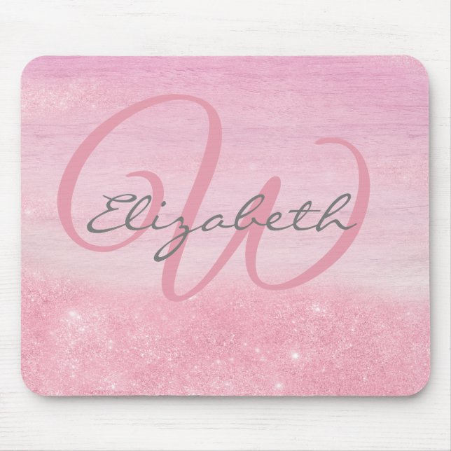 Girly Monogram Pink Ombre Glitter Shimmer Mouse Mat (Front)