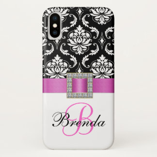 Girly Monogram Pink Ribbon Black White Damask iPhone X Case