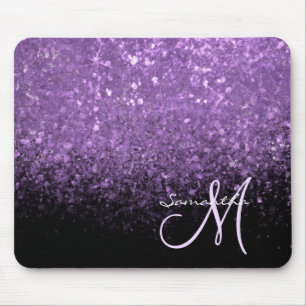Girly Monogram Purple Glitter Sparkle & Black Mouse Mat