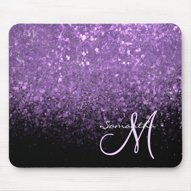 Girly Monogram Purple Glitter Sparkle & Black Mouse Mat (Front)