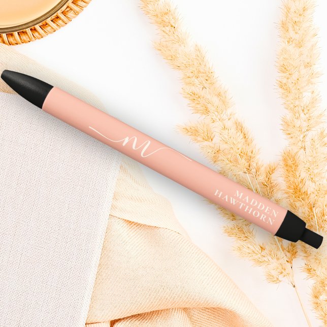 Girly Monogram Script Calligraphy Coral Blush Pink Black Ink Pen (Creator Uploaded)