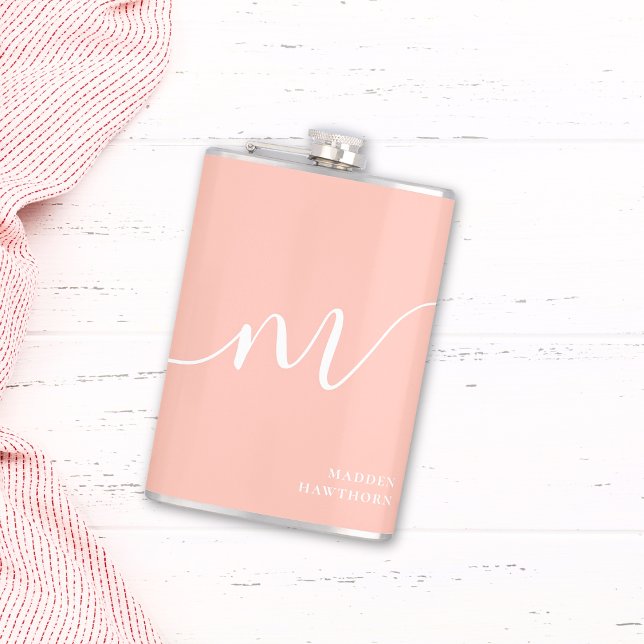Girly Monogram Script Calligraphy Coral Blush Pink Hip Flask (Creator Uploaded)