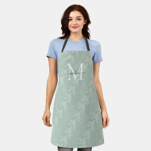 Girly Monogram Script Teal Green Floral Botanical Apron