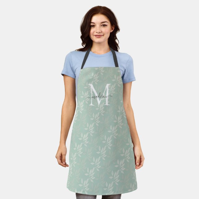 Girly Monogram Script Teal Green Floral Botanical Apron (Worn)