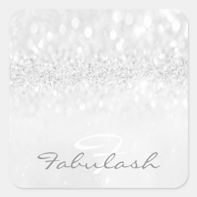 Girly Monogram Sparkly Glitter Grey Name Square 16 Sticker (Front)