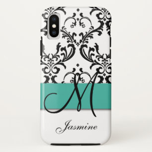 Girly Monogram Turquoise Black Swirls Damask iPhone X Case