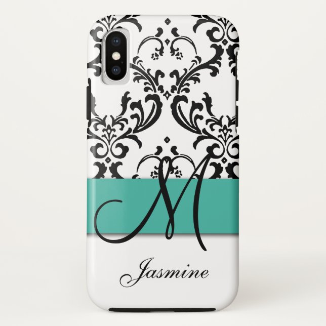 Girly Monogram Turquoise Black Swirls Damask Case-Mate iPhone Case (Back)