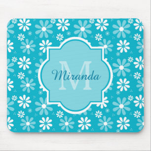 Girly Monogram Turquoise Daisy Flowers With Name Mouse Mat