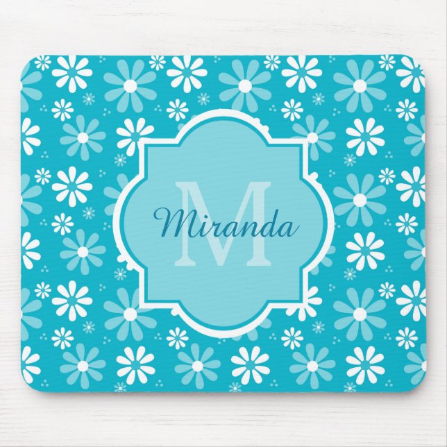 Girly Monogram Turquoise Daisy Flowers With Name Mouse Mat (Front)
