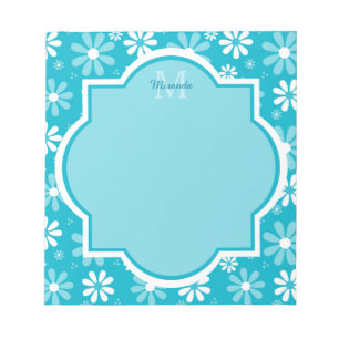 Girly Monogram Turquoise Daisy Flowers With Name Notepad