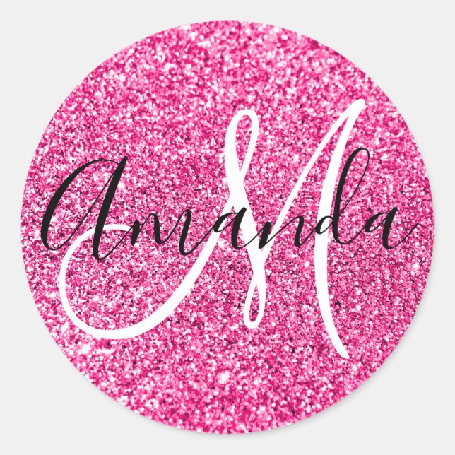 Girly Monogrammed Faux Hot Pink Glitter Classic Round Sticker (Front)