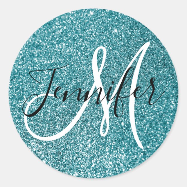 Girly Monogrammed Faux Teal Glitter Classic Round Sticker (Front)