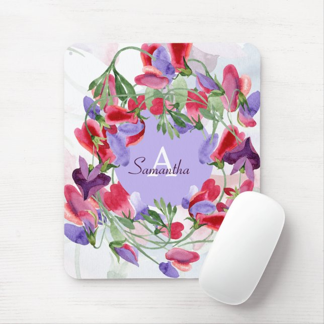 Girly Monogrammed Sweet Pea Floral Watercolor Mouse Mat (With Mouse)