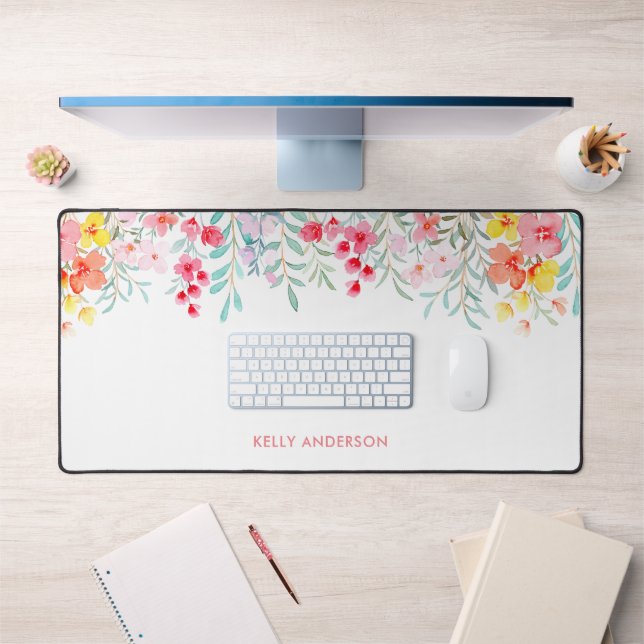 Girly Monogrammed Tropical Watercolor Desk Mat (Office 1)