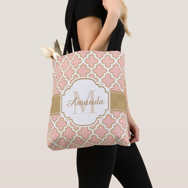 Girly Moroccan Pattern Gold Pink Monogram Tote Bag (Close Up)