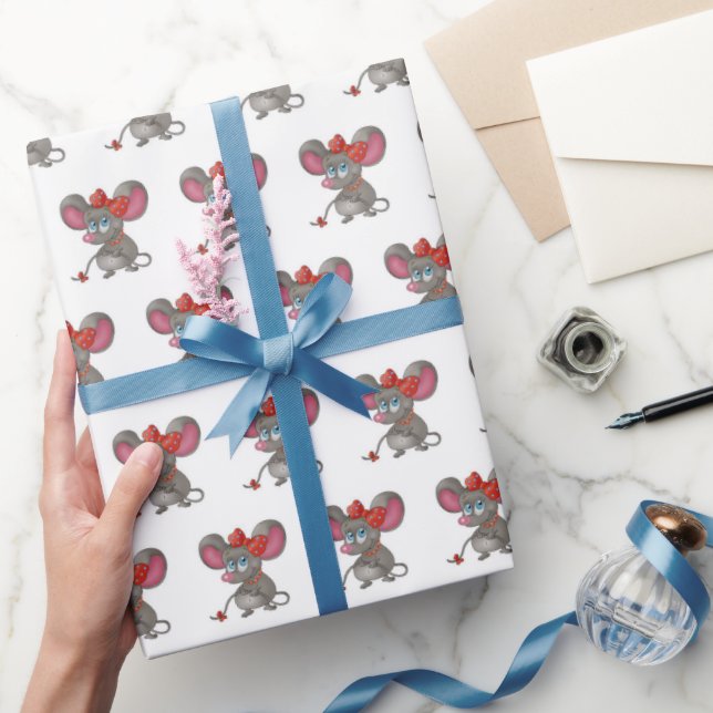 Girly Mouse On White Wrapping Paper (Gifting)