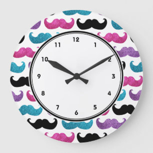 Girly moustaches pattern (Pink Purple Blue & Black Large Clock