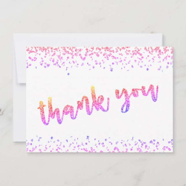 Girly Multi Colour Glitter Confetti Brush Script Thank You Card (Front)