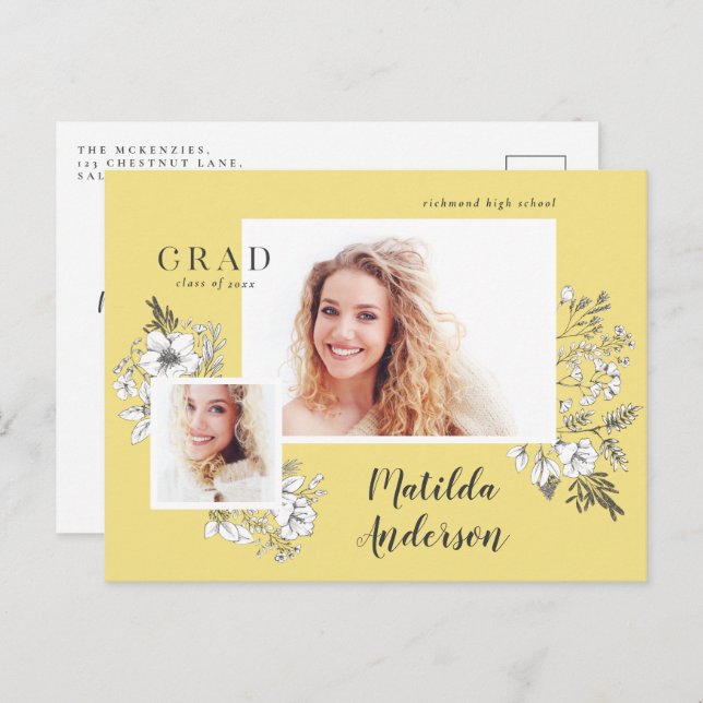 Girly multi photo floral elegant graduation party  invitation postcard (Front/Back)