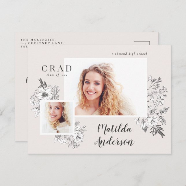 Girly multi photo floral elegant graduation party  invitation postcard (Front/Back)