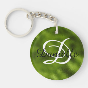 Girly Name and Monogram Faux Pine Green Foil Photo Key Ring