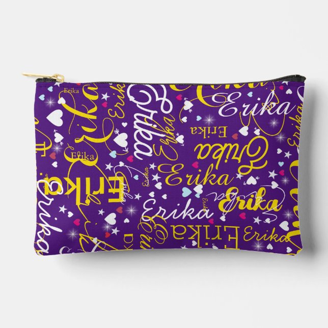 Girly Name, Hearts and Stars Purple Accessory Pouch (Front)