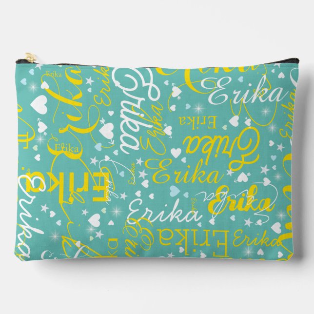 Girly Name, Hearts and Stars teal Accessory Pouch (Front)