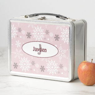 Girly Name & Initial Winter Snowflake Pink Metal Lunch Box