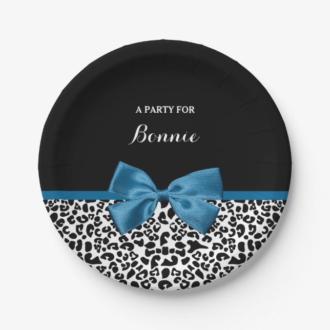 Girly Name Leopard Print Pretty Blue Ribbon Bow Paper Plate (Front)