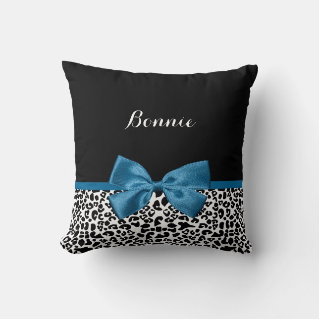 Girly Name Leopard Print Pretty Cobalt Blue Ribbon Cushion (Front)