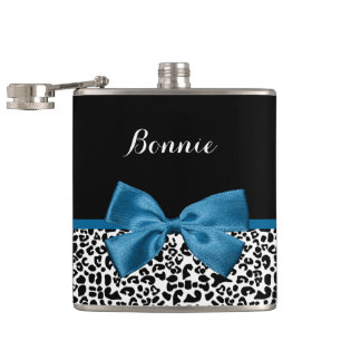 Girly Name Leopard Print Pretty Cobalt Blue Ribbon Hip Flask