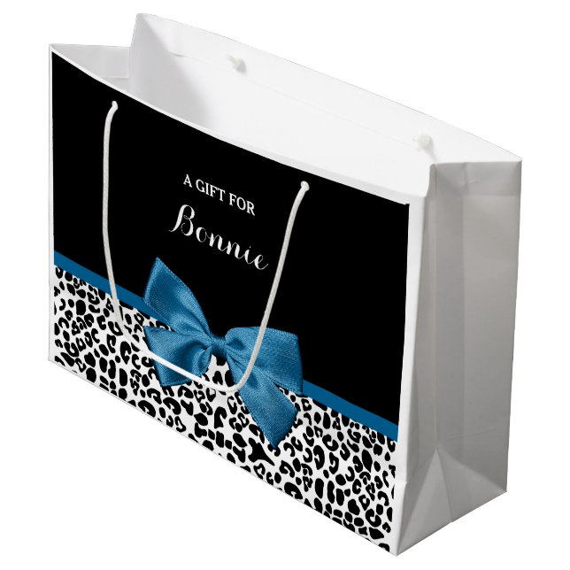 Girly Name Leopard Print Pretty Cobalt Blue Ribbon Large Gift Bag (Front Angled)