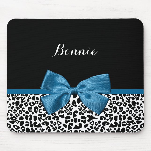 Girly Name Leopard Print Pretty Cobalt Blue Ribbon Mouse Mat (Front)