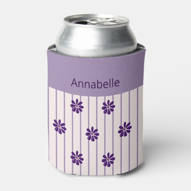 Girly Name Violet Stripes and Purple Flowers Can Cooler (Can Front)
