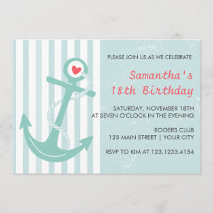 Girly Nautical Anchor Birthday Party Invitation