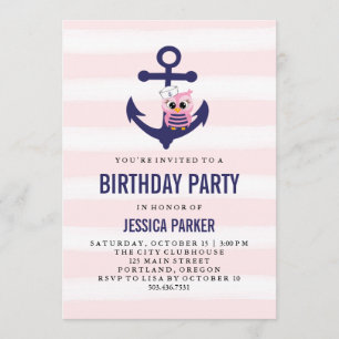 Girly Nautical Anchor with Owl and Stripe Birthday Invitation