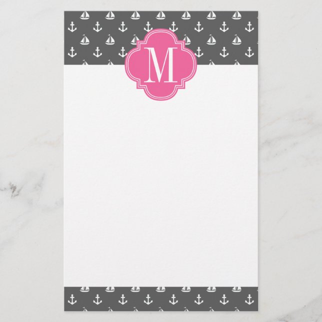 Girly Nautical Anchors Charcoal Pink Personalised Stationery (Front)