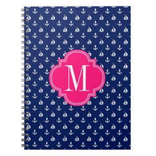 Girly Nautical Anchors Navy Pink Personalised Notebook