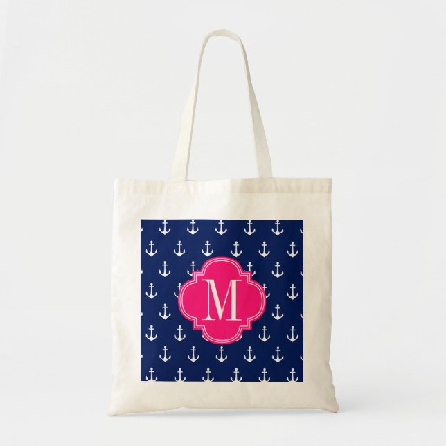 Girly Nautical Anchors Navy Pink Personalised Tote Bag (Front)