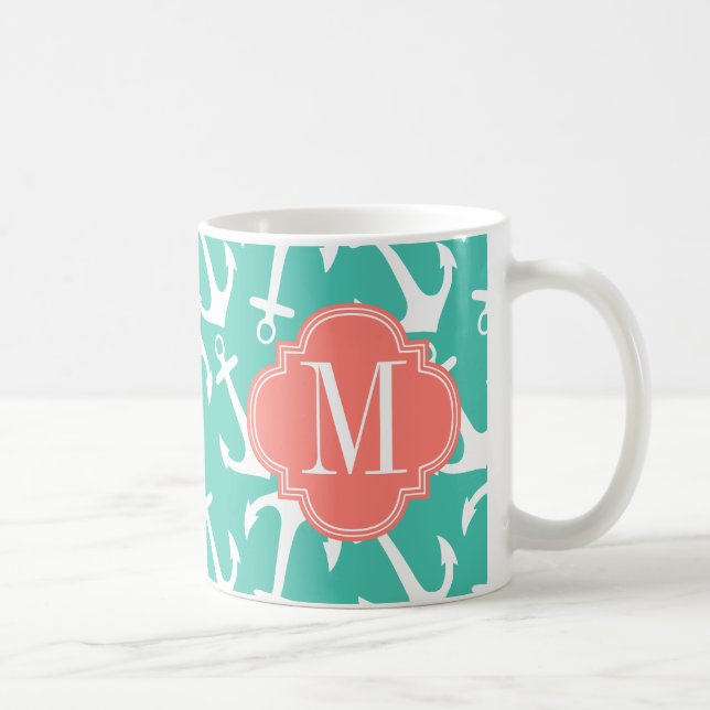 Girly Nautical Anchors Turquoise Coral Personalise Coffee Mug (Right)