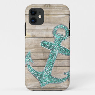 Girly Nautical Aqua Anchor & Wood Look iPhone 11 Case