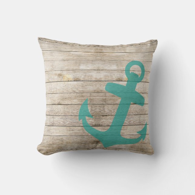Girly Nautical Blue Anchor and Wood Look Cushion (Front)