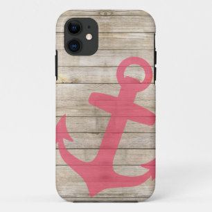 Girly Nautical Pink Anchor and Wood Look iPhone 11 Case