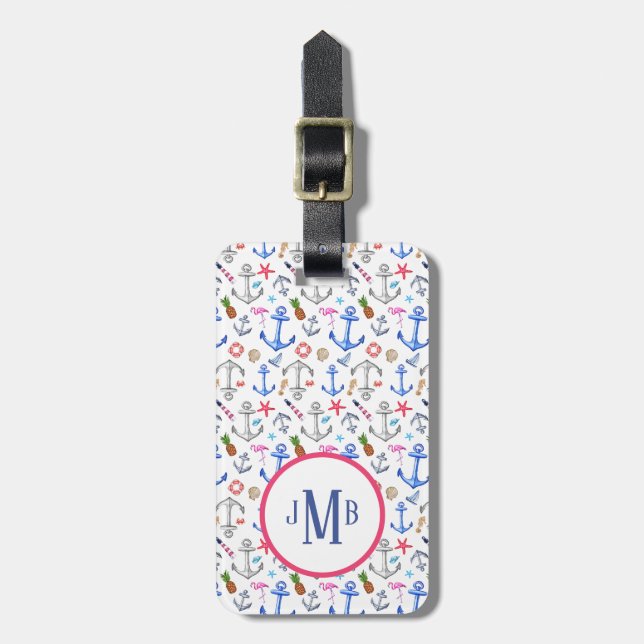 Girly Nautical Summer Beach Pattern Monogram Luggage Tag (Front Vertical)