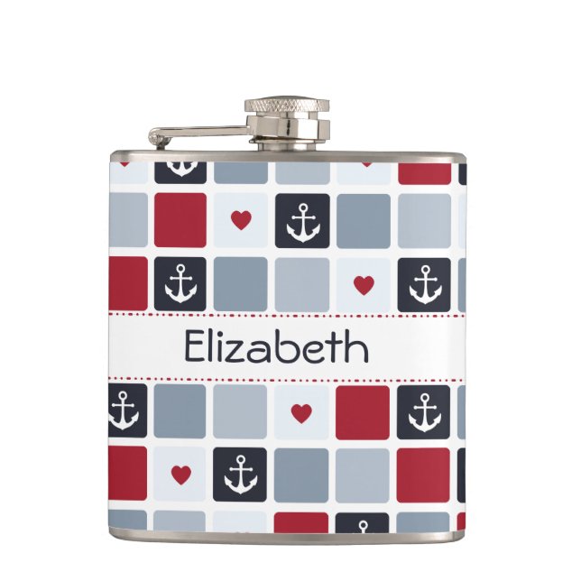 Girly Navy and Red Anchor Heart Pattern With Name Hip Flask (Front)