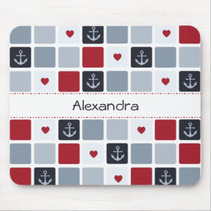 Girly Navy and Red Anchor Heart Pattern With Name Mouse Mat