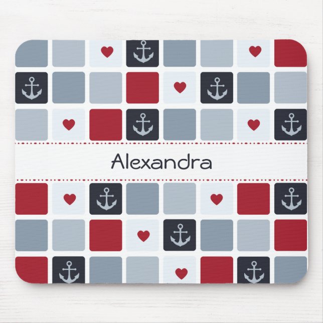 Girly Navy and Red Anchor Heart Pattern With Name Mouse Mat (Front)